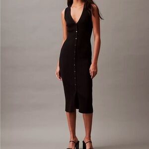 Calvin Klein Smooth Cotton Rib V-Neck Sweater Midi Dress. SMALL.